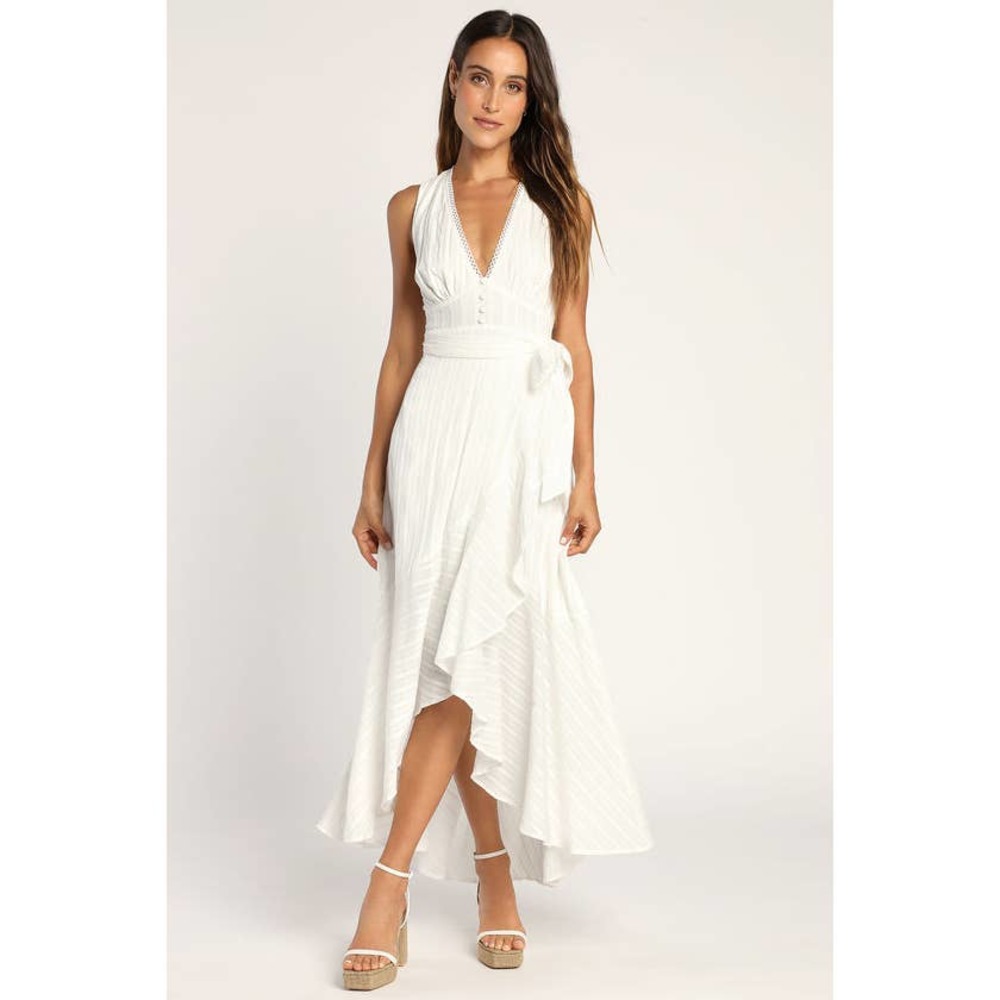 Lulus Stylish Sight White Textured Ruffled Belted Midi Dress